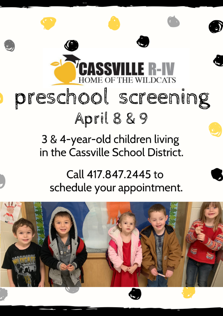 Preschool Screening is April 8 and 9. Call the primary office at 847-2445 to schedule an appointment.
